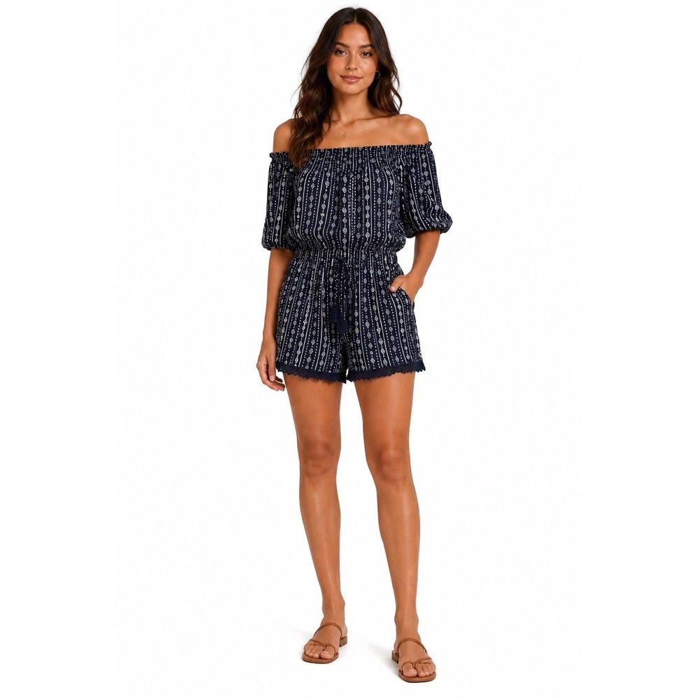 Pink Rose M Black White Geometric Off Shoulder Romper Boho Festival‎ Crochet